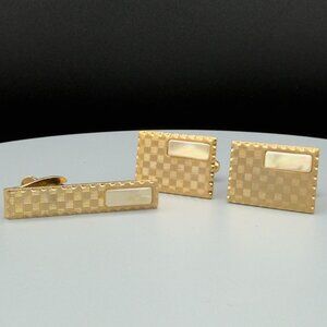 Vintage Gold Tone Mother of Pearl Cufflinks Tie Clip Set